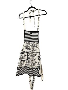 Jessie Steele Toile Stripe Apron With Attached Towel Black White Cotton New